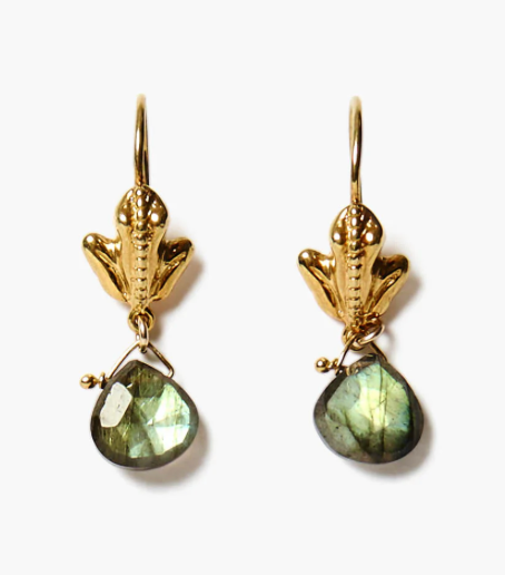Gold Frog Post Earrings with Labradorite Drop Stones